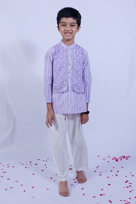 Pankhuri By Priyanka Purple Cotton, Muslin Bandhani Pattern Overlay Kurta Set 