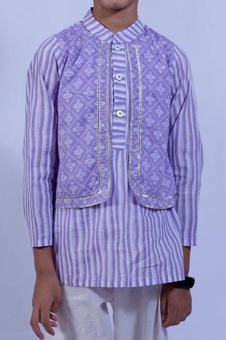 Pankhuri By Priyanka_Purple Cotton, Muslin Bandhani Pattern Overlay Kurta Set _Online_at_Aza_Fashions