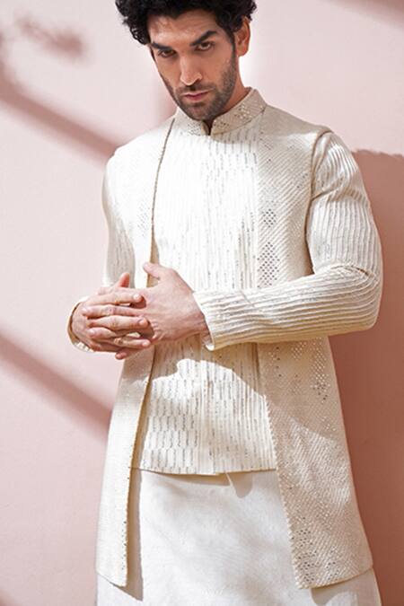 Buy_Kora By Nilesh Mitesh_Cream Silk Geometric, Pipe Embellished Bundi And Kurta Set_Online_at_Aza_Fashions