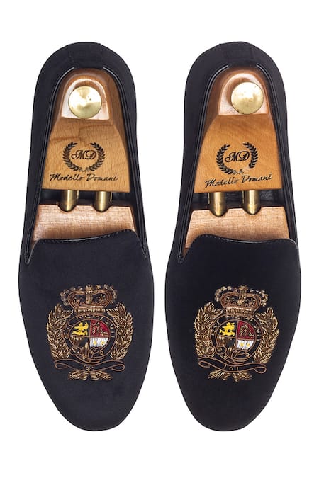 Shop Domani Black Embroidered Velvet Handcrafted Slip-ons at Aza Fashions Shop_Domani_Black Embroidered Velvet Handcrafted Slip-ons _at_Aza_Fashions