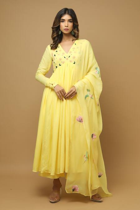 Buy_Ahi Clothing_Yellow Anarkali Cottonpalazzo Cotton Embroidered Palazzo Set_Online_at_Aza_Fashions