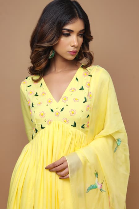 Shop_Ahi Clothing_Yellow Anarkali Cottonpalazzo Cotton Embroidered Palazzo Set_Online_at_Aza_Fashions