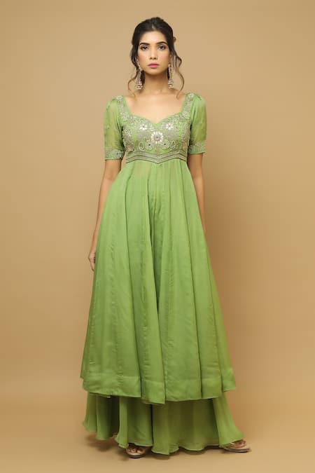 Ahi Clothing_Green Organza Cutdana, Gota, Mirro, Moti, Embroidered Anarkali And Palazzo Set _Online_at_Aza_Fashions