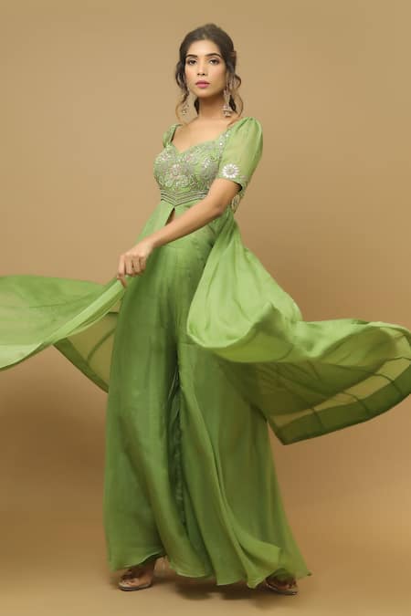 Buy_Ahi Clothing_Green Organza Cutdana, Gota, Mirro, Moti, Embroidered Anarkali And Palazzo Set _Online_at_Aza_Fashions