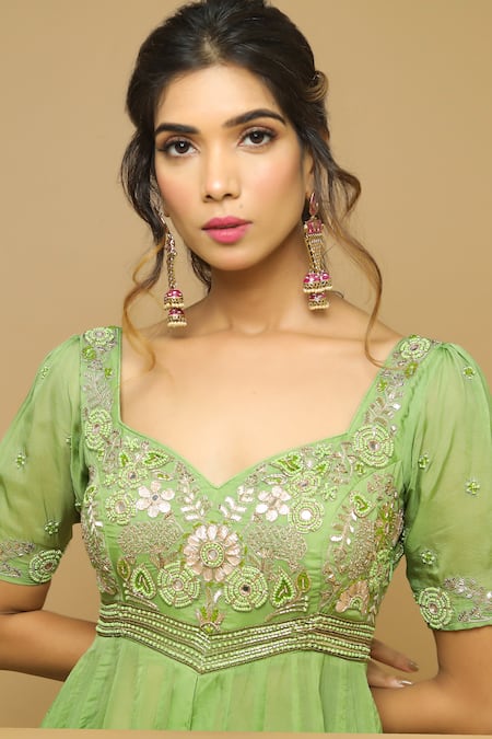 Shop_Ahi Clothing_Green Organza Cutdana, Gota, Mirro, Moti, Embroidered Anarkali And Palazzo Set _Online_at_Aza_Fashions