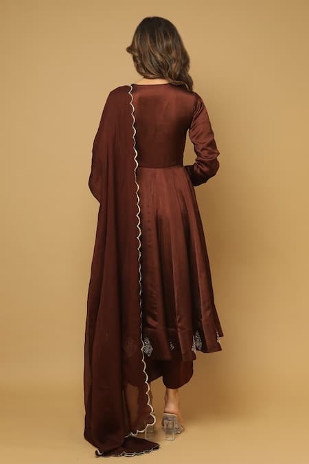 Shop_Ahi Clothing_Brown Anarkali And Palazzo Heavy Satin, Dupatta Organza Bead, Embroidered Set _at_Aza_Fashions