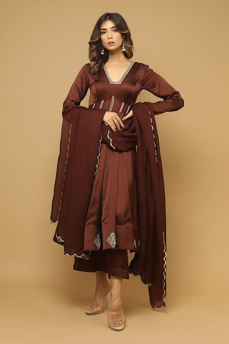 Ahi Clothing_Brown Anarkali And Palazzo Heavy Satin, Dupatta Organza Bead, Embroidered Set _Online_at_Aza_Fashions