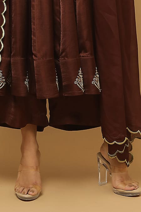 Ahi Clothing_Brown Anarkali And Palazzo Heavy Satin, Dupatta Organza Bead, Embroidered Set _at_Aza_Fashions