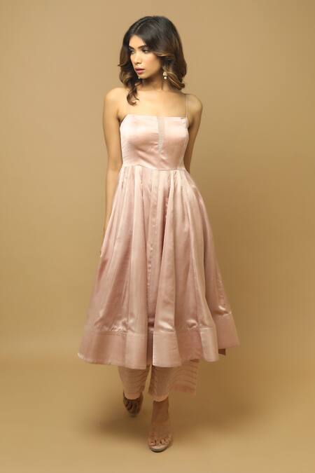 Buy_Ahi Clothing_Pink Anarkali And Palazzo Heavy Satin, Dupatta Organza Plain Square Neck Set _Online_at_Aza_Fashions