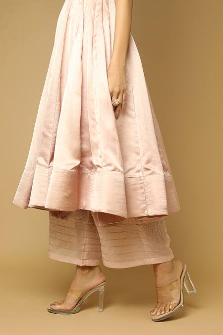 Ahi Clothing_Pink Anarkali And Palazzo Heavy Satin, Dupatta Organza Plain Square Neck Set _at_Aza_Fashions