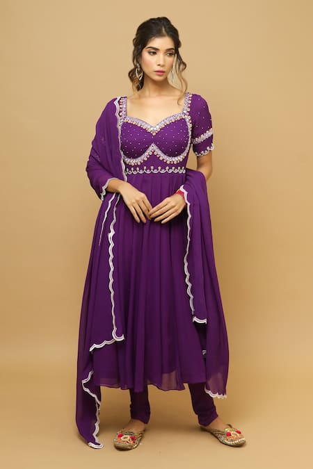 Ahi Clothing_Purple Georgette Mirror, Resham, Bead, Zardozi Embroidered Anarkali Set_Online_at_Aza_Fashions