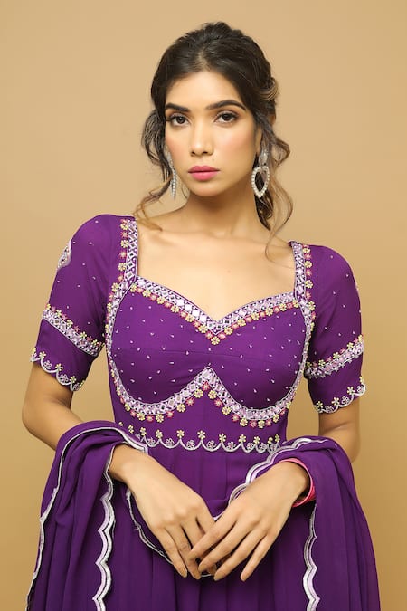 Shop_Ahi Clothing_Purple Georgette Mirror, Resham, Bead, Zardozi Embroidered Anarkali Set_Online_at_Aza_Fashions