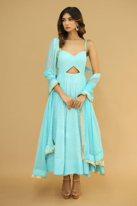 Ahi Clothing_Blue Georgette, Anarkali Heavy Chikankari, Dupatta Chiffon, Palazzo Set_Online_at_Aza_Fashions