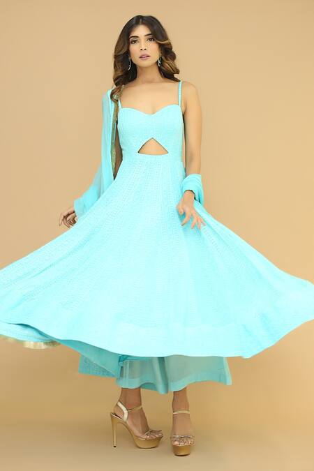 Buy_Ahi Clothing_Blue Georgette, Anarkali Heavy Chikankari, Dupatta Chiffon, Palazzo Set_Online_at_Aza_Fashions