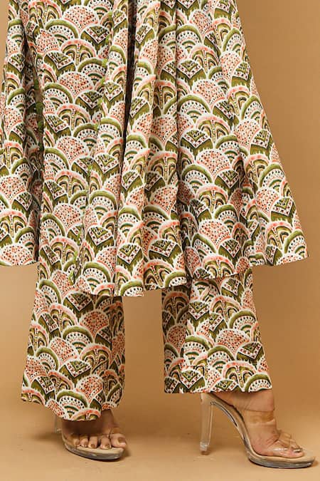 Ahi Clothing_White Natural Crepe Scallop V Neck Printed Anarkali And Pant Set_at_Aza_Fashions