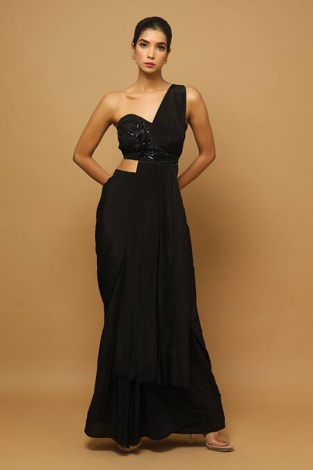 Ahi Clothing_Black Natural Heavy Crepe Cutdana, Resham, Saree Skirt With Draped Blouse _Online_at_Aza_Fashions