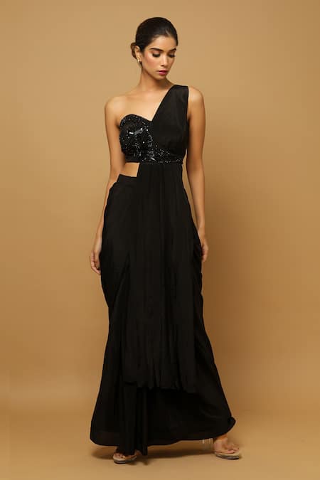 Buy_Ahi Clothing_Black Natural Heavy Crepe Cutdana, Resham, Saree Skirt With Draped Blouse _Online_at_Aza_Fashions