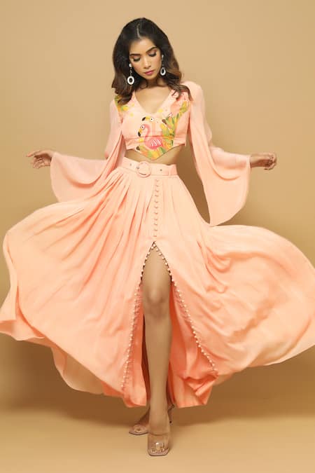 Ahi Clothing_Peach Heavy Crepe Bird, Leaf Elegant V Neck Hand Painted Top And Skirt Set_Online_at_Aza_Fashions