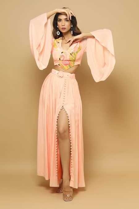 Buy_Ahi Clothing_Peach Heavy Crepe Bird, Leaf Elegant V Neck Hand Painted Top And Skirt Set_Online_at_Aza_Fashions