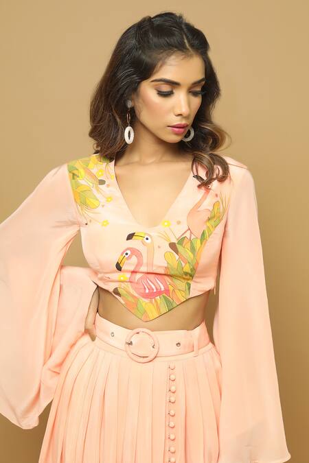 Shop_Ahi Clothing_Peach Heavy Crepe Bird, Leaf Elegant V Neck Hand Painted Top And Skirt Set_Online_at_Aza_Fashions