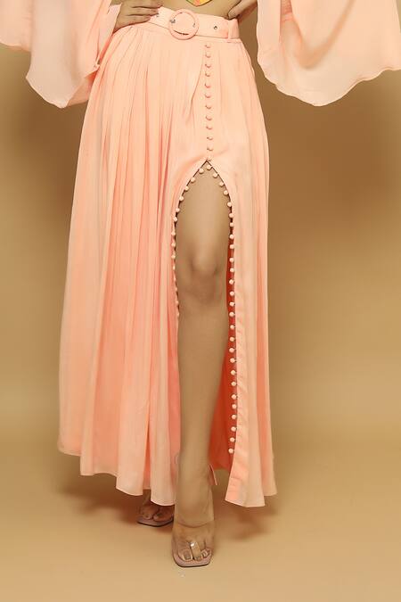 Ahi Clothing_Peach Heavy Crepe Bird, Leaf Elegant V Neck Hand Painted Top And Skirt Set_at_Aza_Fashions
