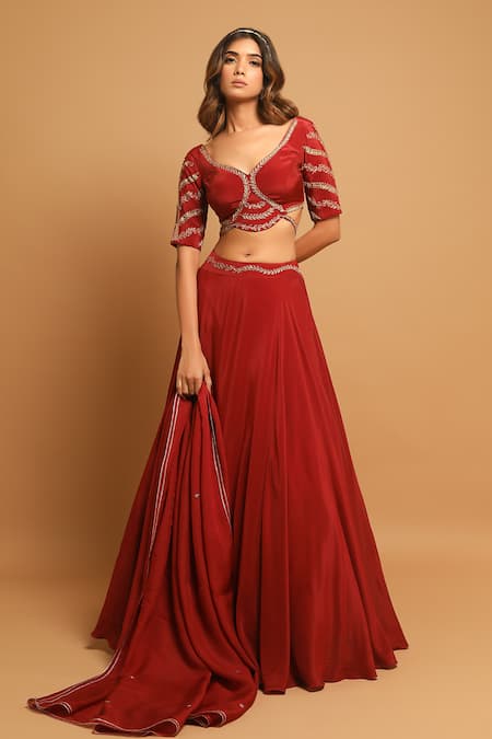 Ahi Clothing_Maroon Blouse And Skirt Heavy Crepe, Dupatta Lehenga Set With Embroidered _Online_at_Aza_Fashions