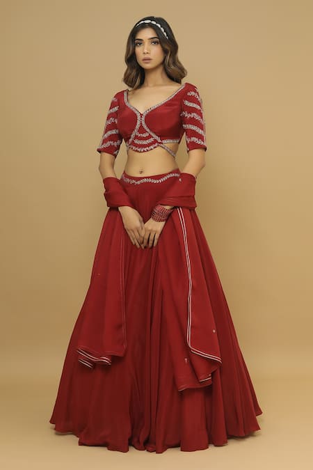 Buy_Ahi Clothing_Maroon Blouse And Skirt Heavy Crepe, Dupatta Lehenga Set With Embroidered _Online_at_Aza_Fashions