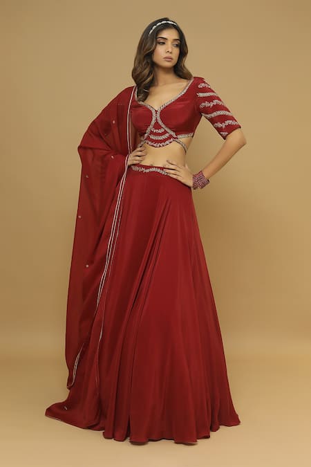 Shop_Ahi Clothing_Maroon Blouse And Skirt Heavy Crepe, Dupatta Lehenga Set With Embroidered _Online_at_Aza_Fashions