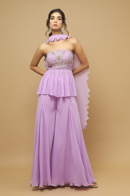 Ahi Clothing_Purple Heavy Georgette Cutdana, Moti, Zardozi, Zari Peplum Top Palazzo Set_Online_at_Aza_Fashions