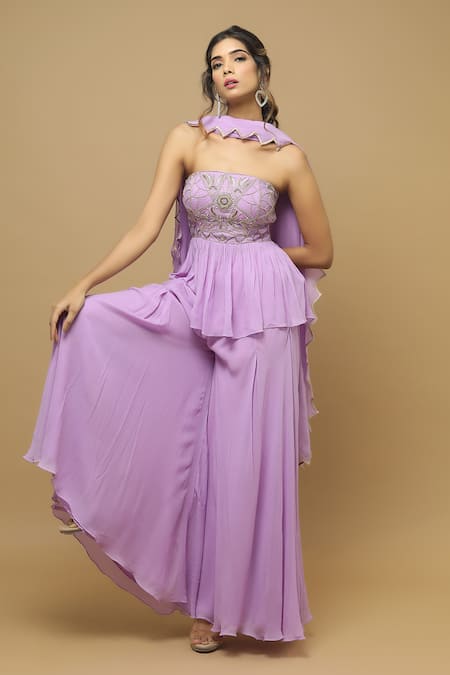 Buy_Ahi Clothing_Purple Heavy Georgette Cutdana, Moti, Zardozi, Zari Peplum Top Palazzo Set_Online_at_Aza_Fashions