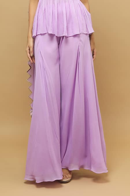Ahi Clothing_Purple Heavy Georgette Cutdana, Moti, Zardozi, Zari Peplum Top Palazzo Set_at_Aza_Fashions