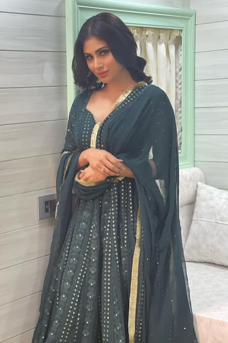 Buy_Ahi Clothing_Green Georgette Floral, Sequin Sweetheart Neck Embroidered Anarkali Palazzo Set_Online_at_Aza_Fashions