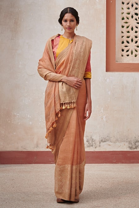 Kasturi Kundal Brown Pure Linen Woven Geometric Anu Saree
