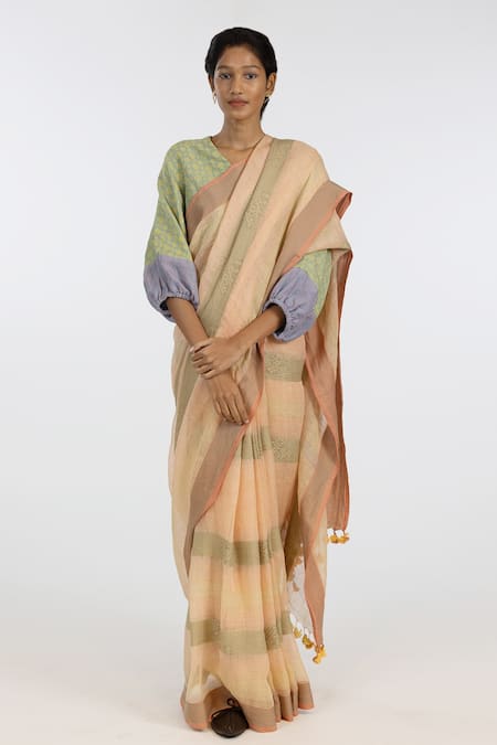 Kasturi Kundal Green Pure Linen Woven Geometric Jaya Saree  