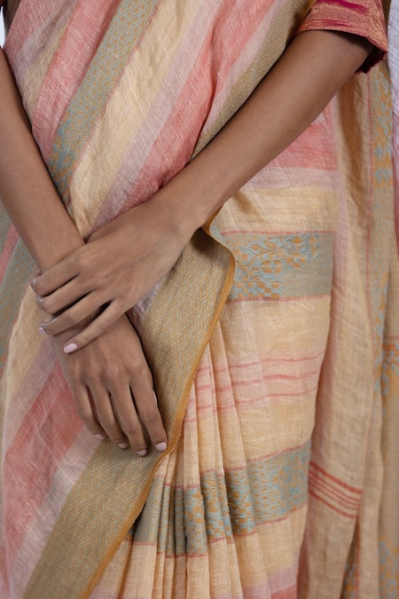 Shop_Kasturi Kundal_Multi Color Pure Linen Geometric Bhanu Woven Saree_Online_at_Aza_Fashions