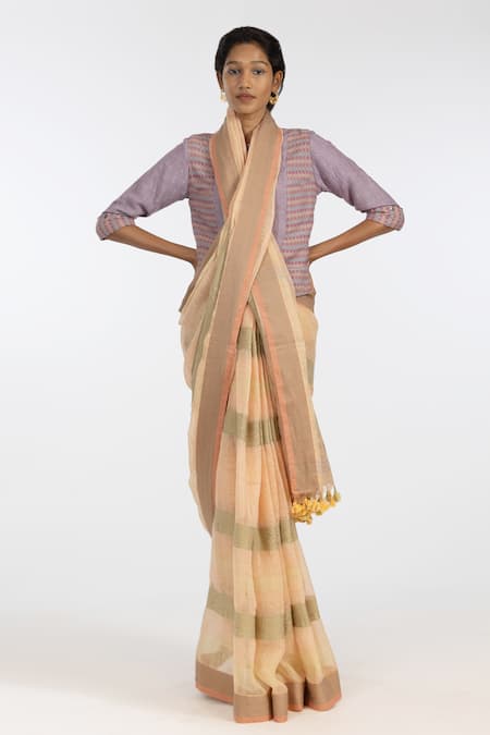 Kasturi Kundal Orange Pure Linen Woven Geometric Pramila Saree  