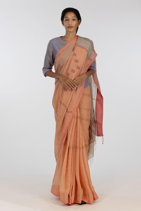 Kasturi Kundal Orange Pure Linen Woven Geometric Archana Saree  