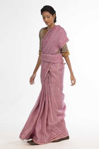 Kasturi Kundal_Pink Jamdani, Pure Linen Geometric Deepa Woven Saree_Online_at_Aza_Fashions