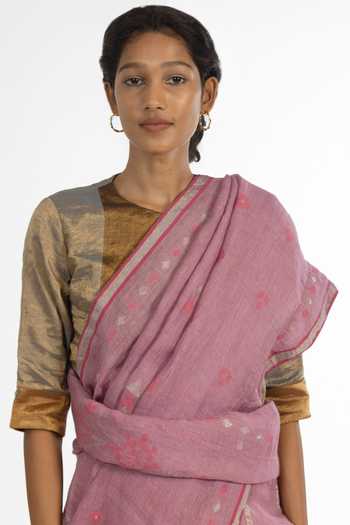 Buy_Kasturi Kundal_Pink Jamdani, Pure Linen Geometric Deepa Woven Saree_Online_at_Aza_Fashions