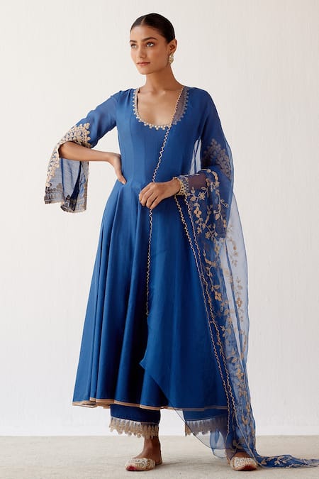 Buy_Devnaagri_Blue Cotton Silk Blend, Shantoon And Organza Dori Embroidered Sleeve Anarkali Set _Online_at_Aza_Fashions