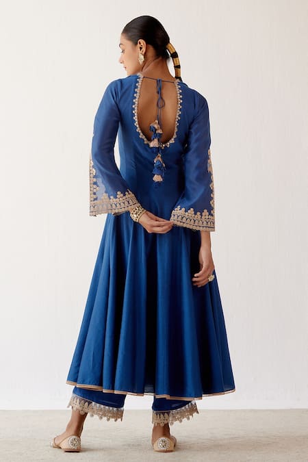 Devnaagri_Blue Cotton Silk Blend, Shantoon And Organza Dori Embroidered Sleeve Anarkali Set _Online_at_Aza_Fashions