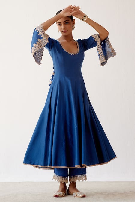 Shop_Devnaagri_Blue Cotton Silk Blend, Shantoon And Organza Dori Embroidered Sleeve Anarkali Set _Online_at_Aza_Fashions
