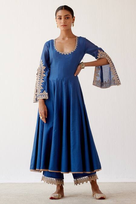 Devnaagri_Blue Cotton Silk Blend, Shantoon And Organza Dori Embroidered Sleeve Anarkali Set _at_Aza_Fashions