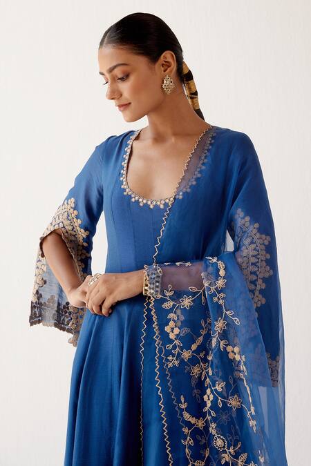 Buy_Devnaagri_Blue Cotton Silk Blend, Shantoon And Organza Dori Embroidered Sleeve Anarkali Set 