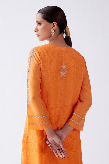 Shop_Devnaagri_Orange Chanderi, Shantoon And Kota Silk Dori, Block Print & Embroidered Kurta Set _at_Aza_Fashions