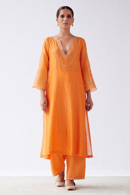 Devnaagri_Orange Chanderi, Shantoon And Kota Silk Dori, Block Print & Embroidered Kurta Set _Online_at_Aza_Fashions