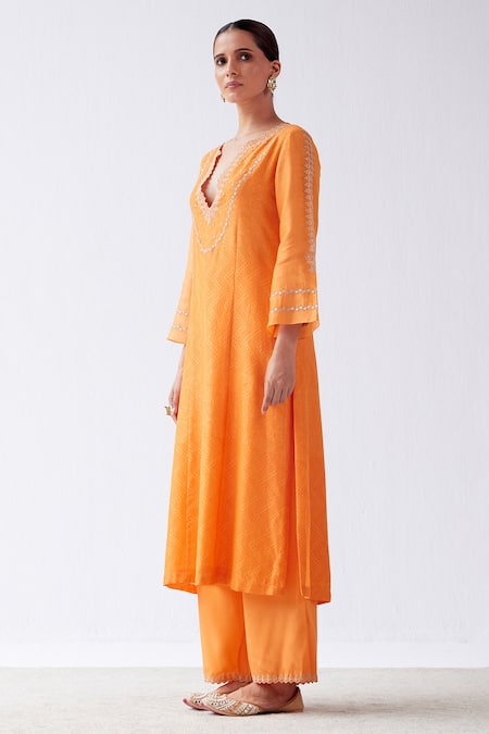 Buy_Devnaagri_Orange Chanderi, Shantoon And Kota Silk Dori, Block Print & Embroidered Kurta Set _Online_at_Aza_Fashions