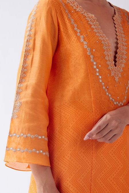 Shop_Devnaagri_Orange Chanderi, Shantoon And Kota Silk Dori, Block Print & Embroidered Kurta Set _Online_at_Aza_Fashions