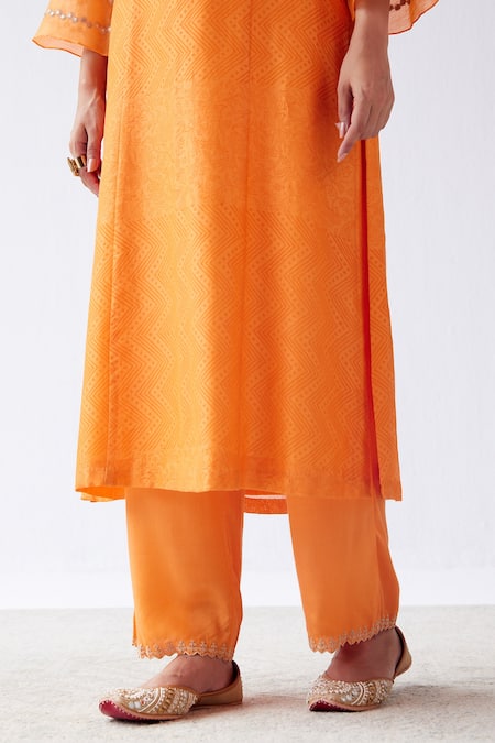 Devnaagri_Orange Chanderi, Shantoon And Kota Silk Dori, Block Print & Embroidered Kurta Set _at_Aza_Fashions