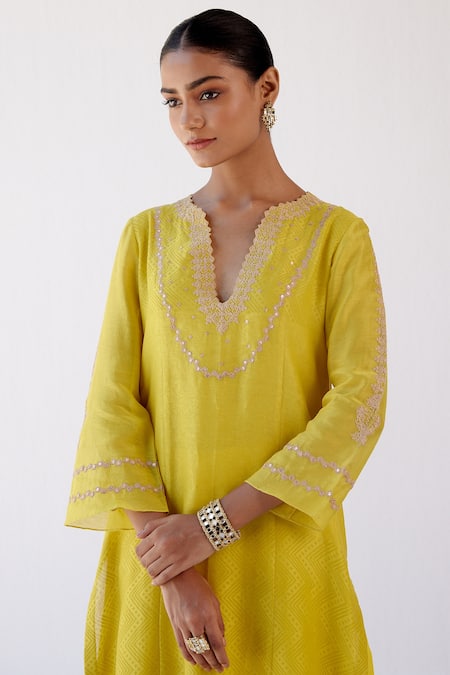 Shop_Devnaagri_Yellow Chanderi, Shantoon And Kota Silk Dori, Block Print & Embroidered Kurta Set _Online_at_Aza_Fashions